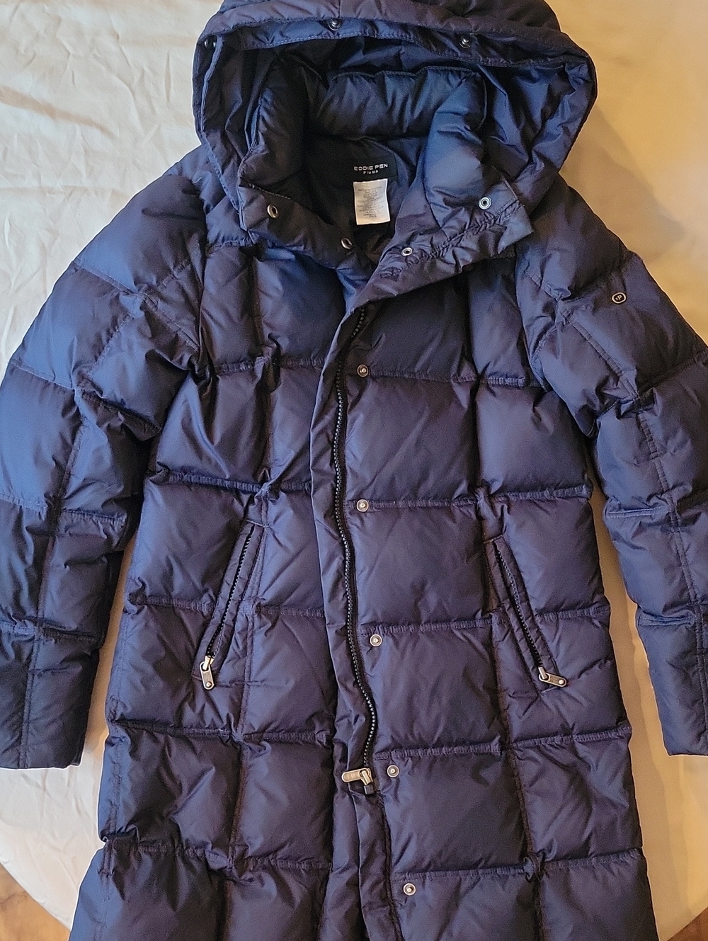 Premium Italian Down Puffer Jacket Coat Hood Long Length Size 12 Blue Eddie Pen